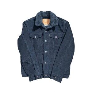 Levis Premium Trucker Jacket Corduroy Sherpa Lined Black Sz Small Big E Tab Snap